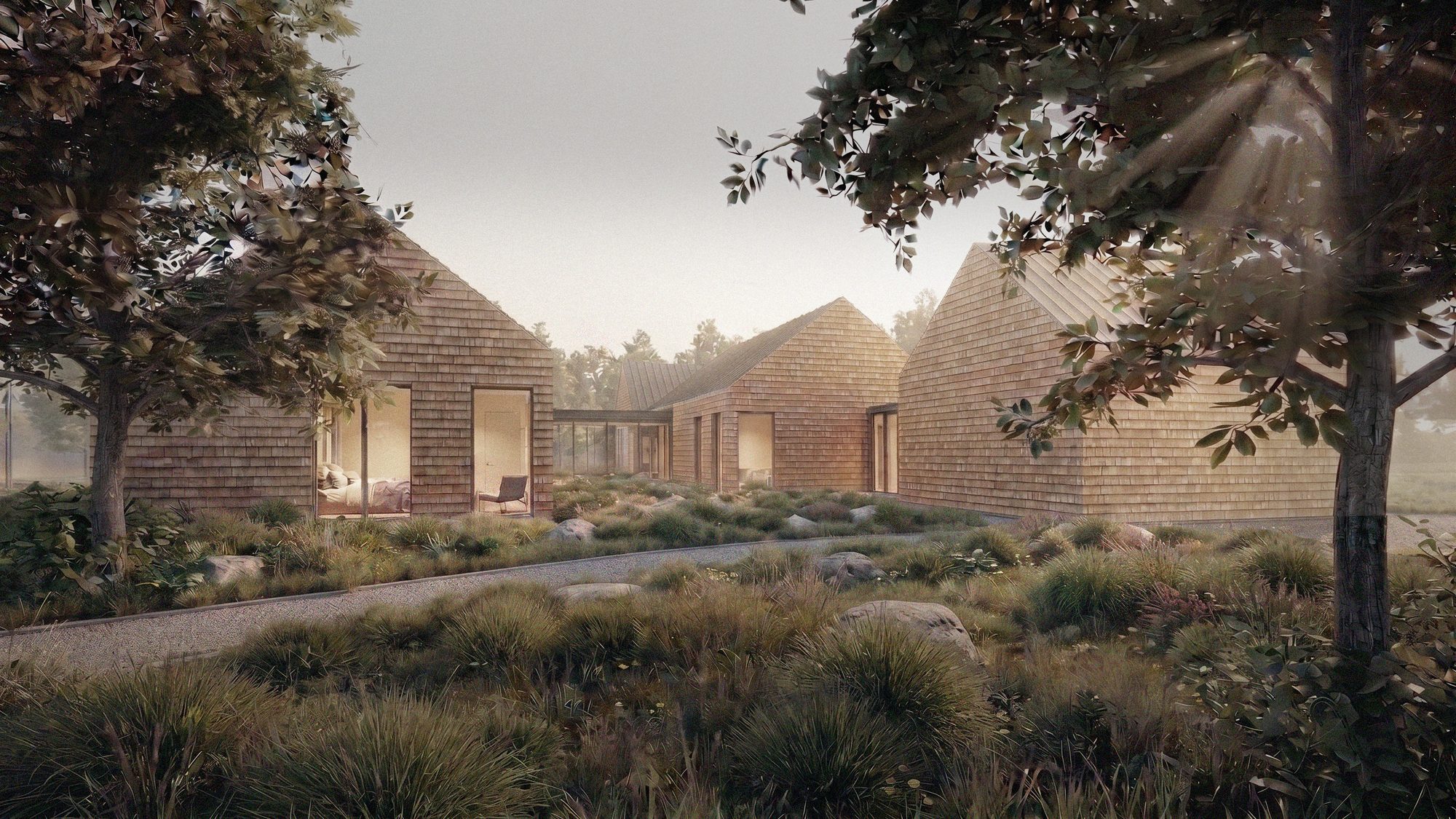 84 Sunset Beach Road · the five-building scheme from the approach