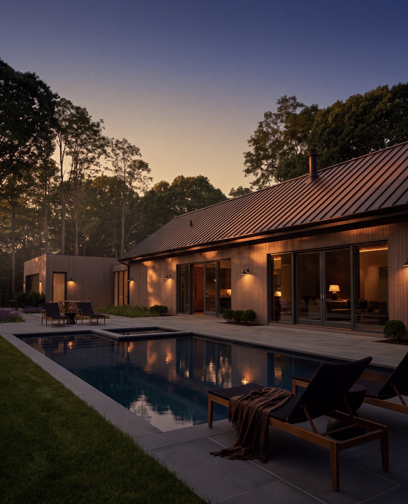 Pool and terrace at dusk at 6 Great Circle
