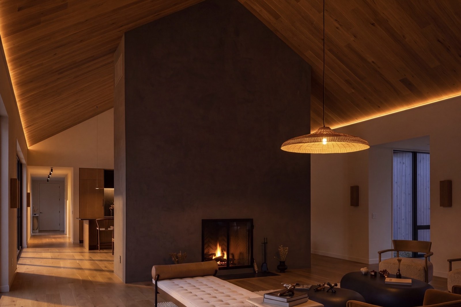 Living room and hearth under the pitched timber ceiling, 6 Great Circle