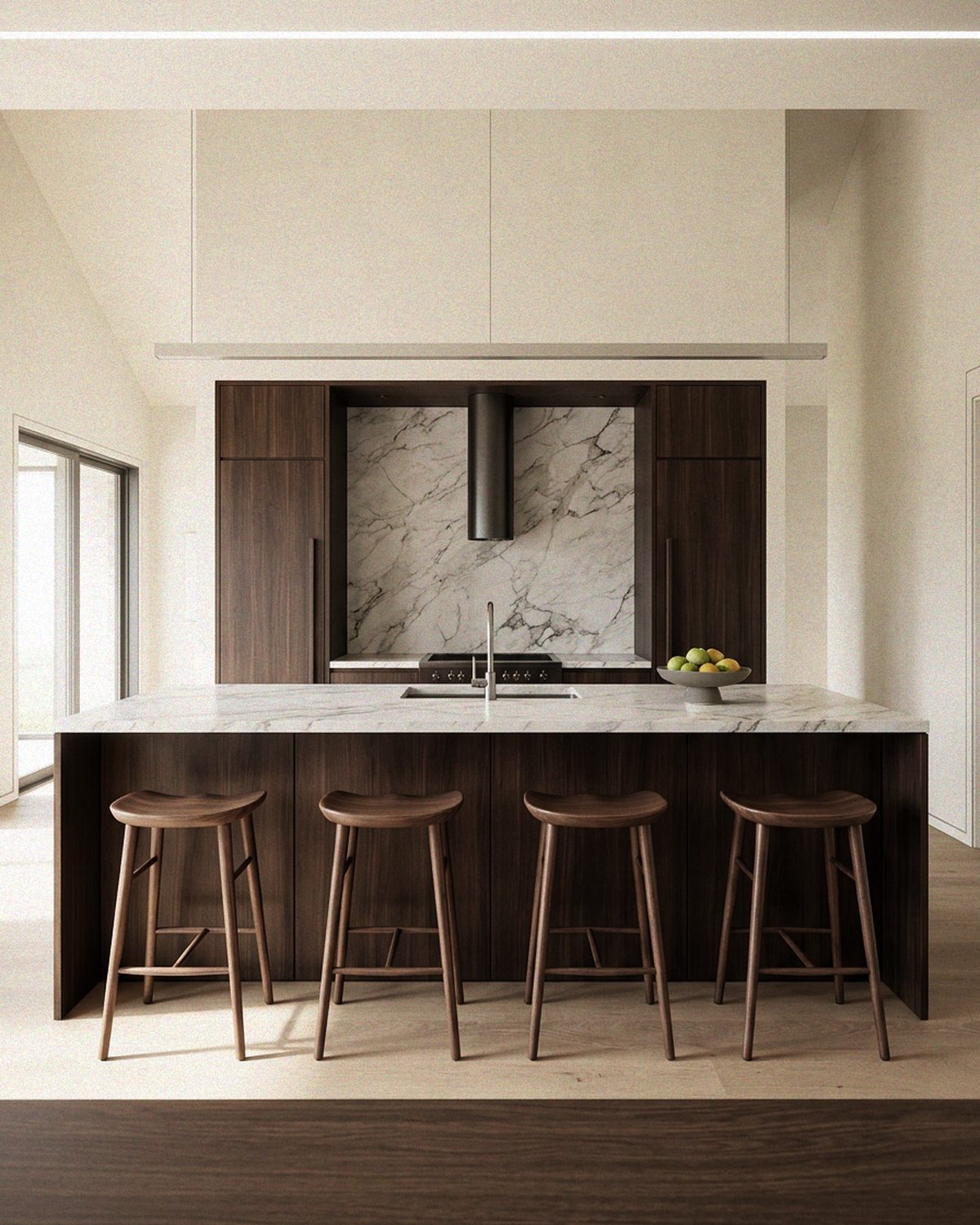 Kitchen with stone splashback and dark timber joinery, 84 Sunset Beach Road
