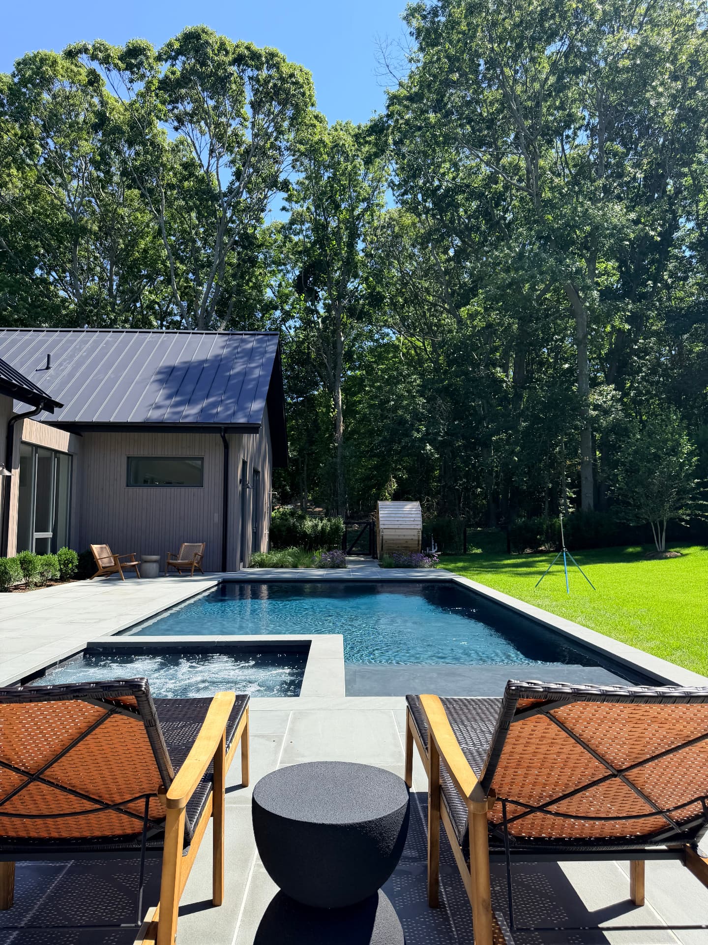 Pool and spa framed by the garden in full daylight