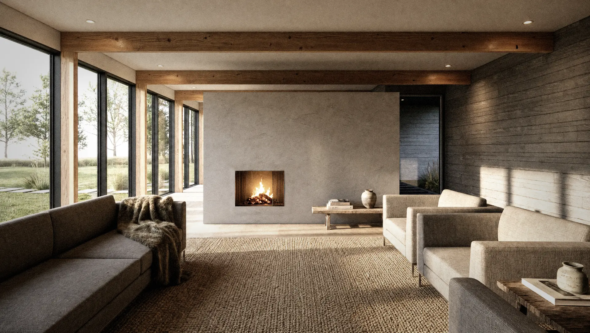 Living room and plaster hearth beneath exposed beams