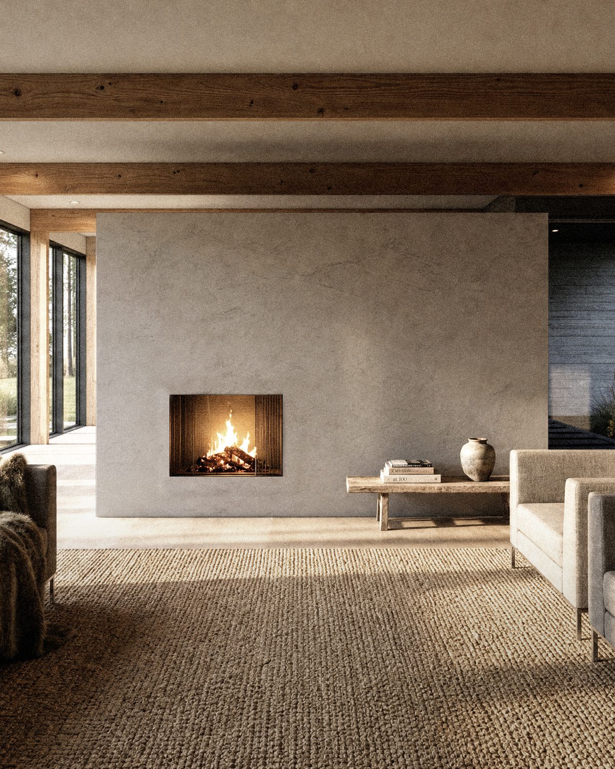 Warm hearth and timber interior at 540 Hands Creek