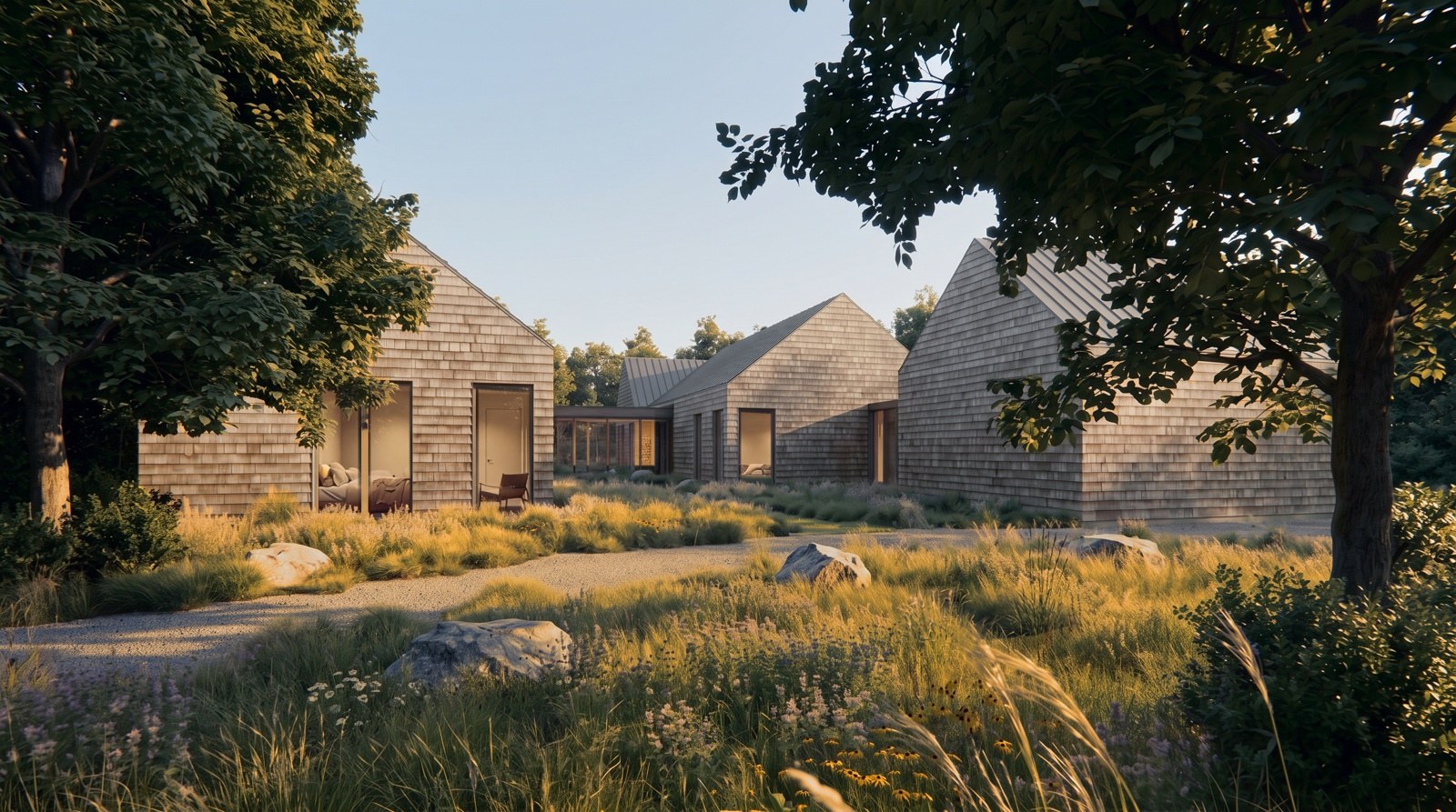 84 Sunset Beach Road · the five-building scheme among meadow planting